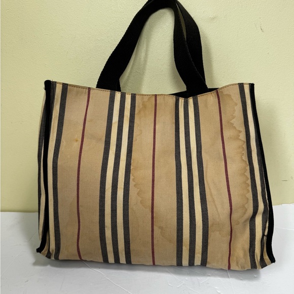Burberry Vintage Striped Canvas Toto Bag Satchel Handbag Nova Check Cotton Tan - Picture 3 of 16